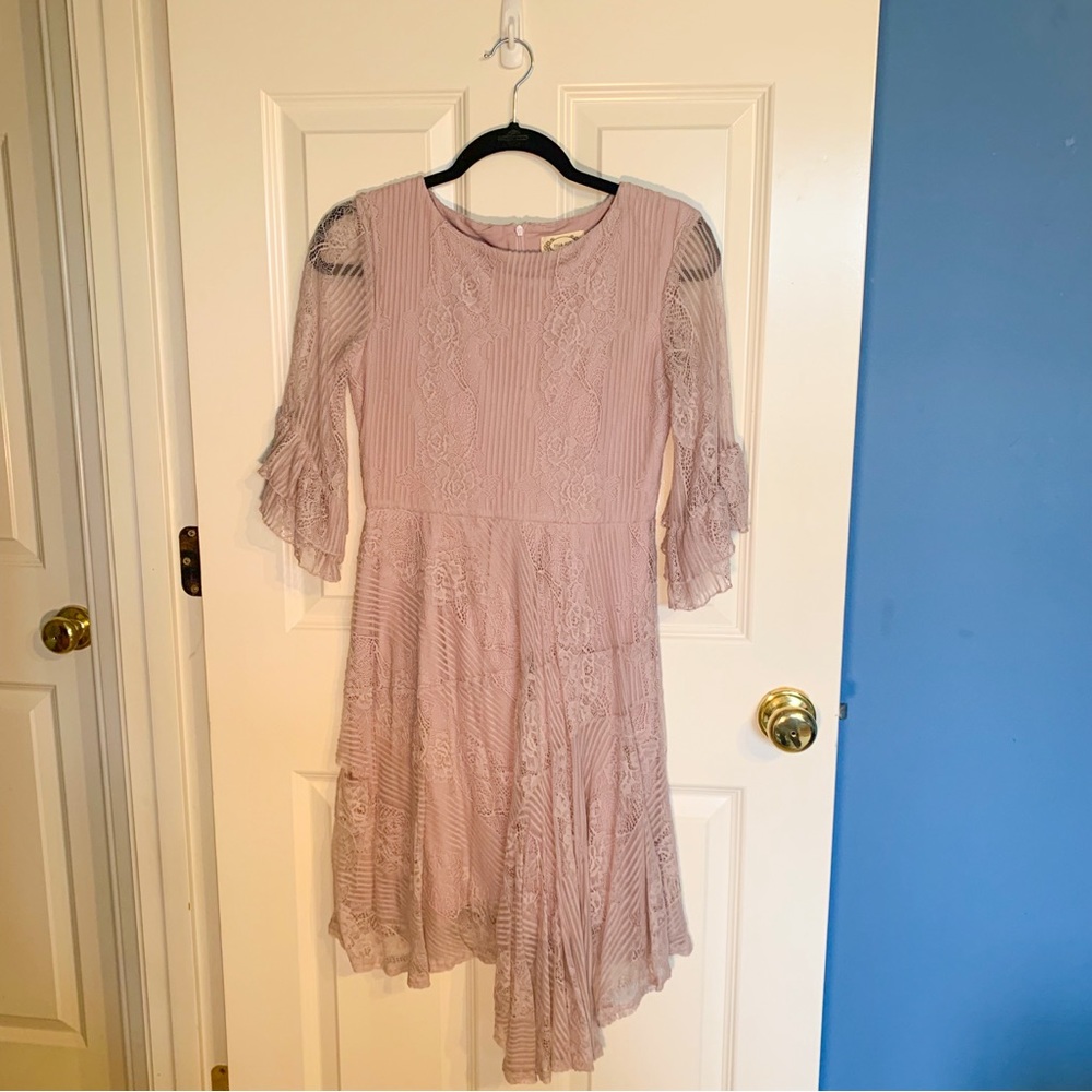 Joyfolie girls’ size 14 lavender/mauve purple asymmetrical intricate lace dress